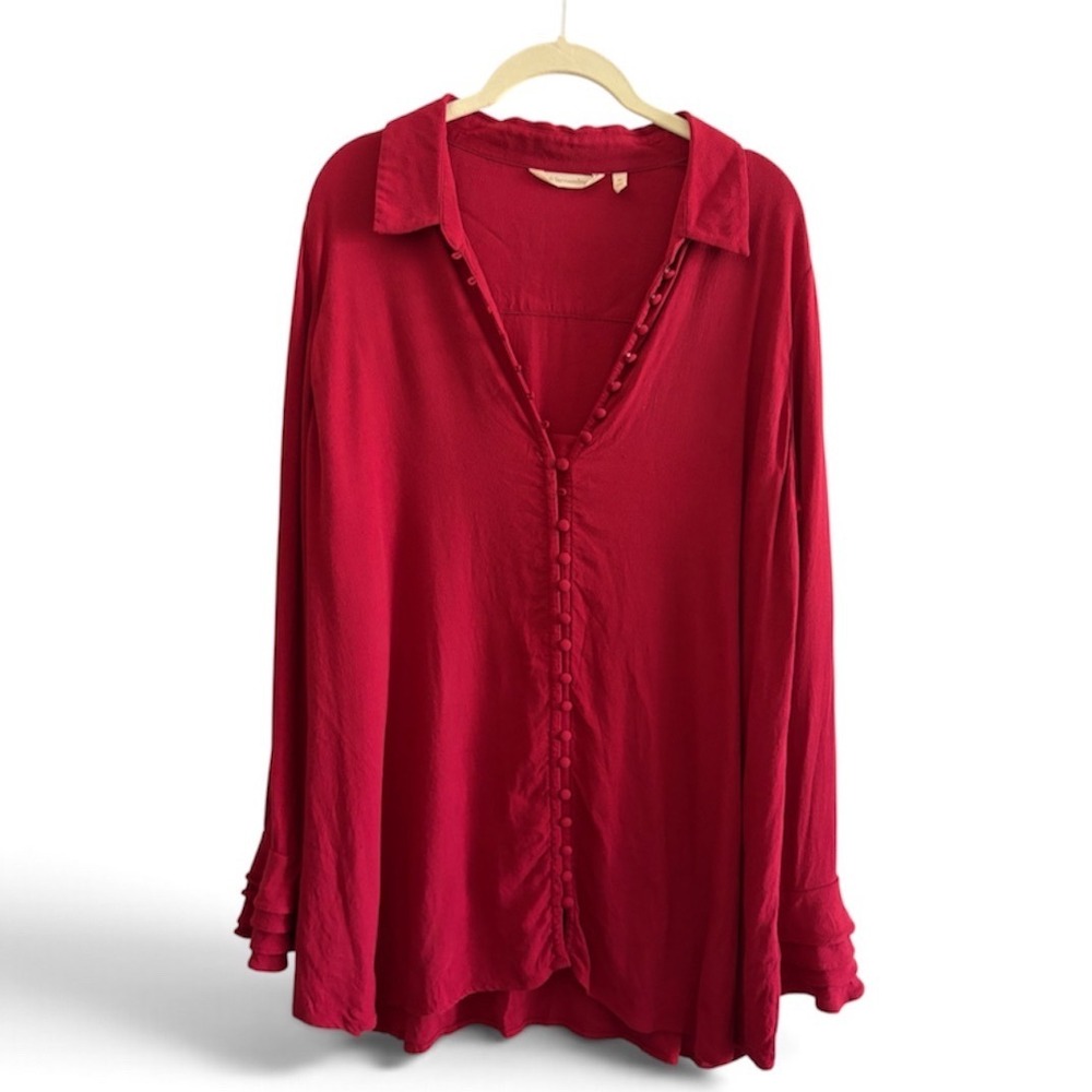Soft Surroundings Cranberry Red Ruffle Cuff Button Front Blouse XL Romantiv